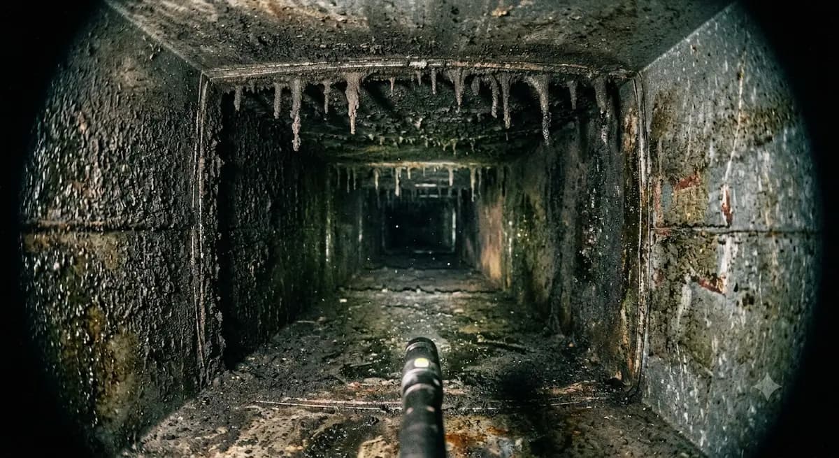 Potrubí před čištěním — nánosy prachu a biologického znečištění