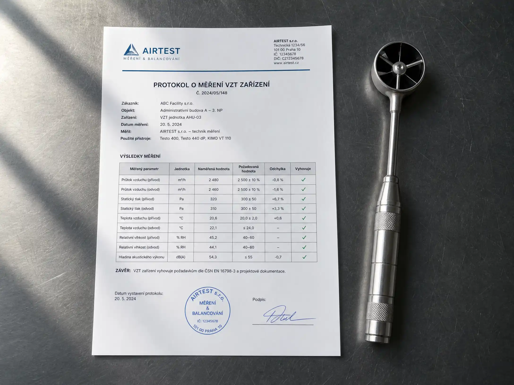 Laboratoří vydaný protokol o výsledku čištění VZT